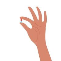 Vector bunte Illustration der Hand hält eine Pille, die auf weißem Hintergrund lokalisiert wird. Medikamente und Vitaminkonzept.