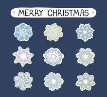 vektor modern färgglad juluppsättning med illustrationer av snöflingor, klistermärkepaket. använd den som element för design gratulationskort, affisch, kort, förpackningspapper design