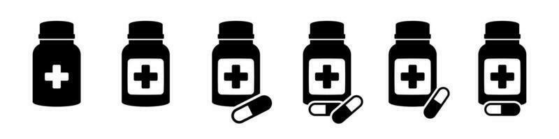 Medizin Flasche und Tabletten Symbol. schwarz und Weiß Symbol. Vektor Illustration.