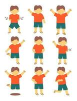 Lycklig barn tecknad serie uppsättning i annorlunda gest isolerat på vit bakgrund. vektor