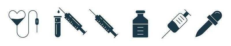 medizinisch Ausrüstung Symbol Satz. Spritze, Impfung, Blut bitten Symbol Vektor