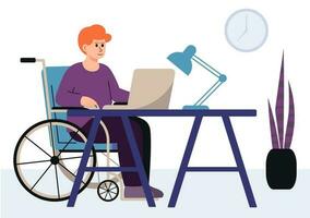 Ingwer Freiberufler im ein Rollstuhl Arbeit von heim. Vektor Illustration im eben Stil