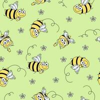 Vektor Muster Karikatur Bienen und Honig im ein Krug. Gänseblümchen Blumen, Insekt Karikatur. Vektor Grafik, nahtlos Hintergrund isoliert.