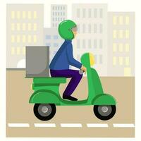 Kurier auf ein Roller, Lieferung. Essen Lieferung, Pizza. Transport, Stadt. Mann im Helm auf Roller. arbeiten, Geschäft. Vektor Illustration auf Weiß isoliert Hintergrund.