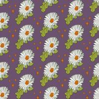 Weiß Gerbera nahtlos Muster auf lila Hintergrund. Vektor isoliert Blumen mit Sterne im eben Gliederung Stil. können Sein benutzt wie zeitgenössisch Textil, Hintergrund, Verpackung Papier, Zuhause Dekor