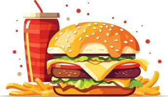 köstlich schnell Essen Snack mit Burger, Koks und frisch Gemüse auf ein Weiß Hintergrund Illustration, Burger, Koks, heiß und würzig Französisch Fritten Illustration vektor