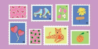 samling kreativ posta frimärken med katter, frukter, vält skridskor, kärlek klubba. söt stämpel vektor illustration för använder sig av på kuvert. post och posta kontor konceptuell teckning