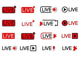 Symbol für Live-Übertragungen. Reihe von Live-Streaming-Symbolen. schwarze und rote Symbole für Streaming, Aufnahme, Online-Stream. Set von Broadcast-Buttons in verschiedenen Formen. Vektor