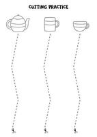 Schneidepraxis für Kinder mit Küchenteekanne und Tassen. vektor