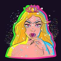 konceptuell konst av en blond kvinna täckt av diamanter, glitterdamm och magiska gnistrar. prinsessa under neonljus i tiara, guld och pärlor vektor