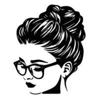 kvinna ansikte med rörig hår i en bulle lång ögonfransar och öga glasögon ikon vektor
