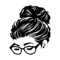 Frau Gesicht mit unordentlich Haar im ein Brötchen lange Wimpern und Auge Brille Symbol vektor