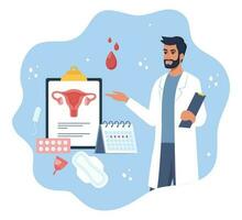 reproduktiv Gesundheit Konzept. Menstruation, Zeitraum, weiblich Gebärmutter, reproduktiv System. Arzt Gynäkologe Stehen mit Zwischenablage, Kalender, Tampon, Pads, Menstruation- Tasse, Hose. Vektor Illustration.