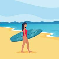 ung brunett promenader med en surfingbräda mot de hav. vektor illustration.