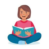 Mädchen Sitzung auf das Fußboden und lesen Buch. Buch Liebhaber, Leser. glücklich Kind Sitzplätze im Lotus Pose mit geöffnet Buch. Vektor Illustration.