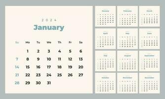 minimalistisk stil en gång i månaden kalender mall för 2024 år. engelsk kalender. vecka börjar på söndag. uppsättning av 12 månader. enkel design med stor brev, typografisk element. fyrkant sammansättning vektor