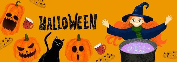 baner för halloween med häxa matlagning de trolldryck i de kittel. ristade pumpa, råna av varm choklad, småkakor, svart katt på orange bakgrund. hand dragen illustration vektor