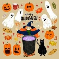 uppsättning av halloween objekt. Lycklig halloween text, häxa matlagning de trolldryck i de kittel, pumpa, spöke, kaka, godis, råna av kakao, svart katt, höst löv vektor