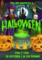 Halloween Flyer mit Karikatur Hexen und Kürbisse vektor