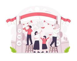 Menschen schmücken das Tor zu feiern Indonesien Unabhängigkeit Tag auf August 17.. Indonesien Unabhängigkeit Tag Konzept Illustration vektor