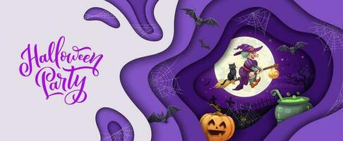 Halloween Papier Schnitt Karikatur fliegend Hexe und Fledermäuse vektor