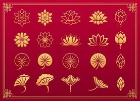 Lotus Blumen dekorativ Elemente. Blumen- Pflanze Muster. Chinesisch und japanisch traditionell Gold Ornament Lotus Blume, Blätter und blühen isoliert auf rot Hintergrund mit Gold rahmen. Vektor einstellen