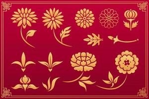 Chinesisch Muster. Orient asiatisch traditionell dekorativ Gold Vektor Ornamente. Blumen- Pflanze Elemente Pfingstrose, Chrysantheme Blume und Blätter isoliert auf rot Hintergrund. Vektor Satz.