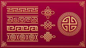 orientalisch Knoten. Chinesisch Muster. asiatisch knoten, asiatisch dekorativ geometrisch Ornament. Chinesisch und japanisch Vektor geometrisch und Knoten Gold Muster isoliert auf rot Hintergrund.