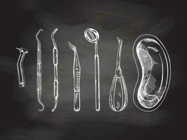 Hand gezeichnet Stomatologie Attribute. Fachmann Dental Werkzeuge Jahrgang Vektor Illustration einstellen isoliert auf Tafel Hintergrund. Ausrüstung zum Kieferorthopäden.