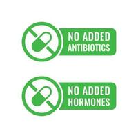 icke Lagt till antibiotikum ikon. icke Lagt till hormon ikon. mat utan hormoner och antibiotikum grön tecken. vektor