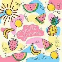 Sommer- Hintergrund Design mit hell Farbe und Früchte Wassermelone Ananas Banane Erdbeere vektor