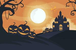 halloween natt bakgrund, pumpor och mörk slott. vektor illustration.
