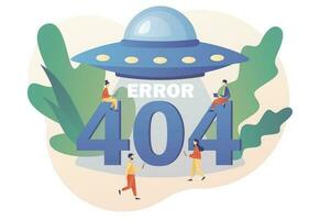 404 Fehler. UFO. Seite nicht gefunden. winzig Menschen Aktualisierung System, Installation Programme, System Wartung. modern eben Karikatur Stil. Vektor Illustration auf Weiß Hintergrund