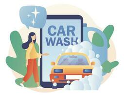 bil tvätta service smartphone app. mycket liten människor tvättning bil med vatten och skum. transport är rena. modern platt tecknad serie stil. vektor illustration på vit bakgrund