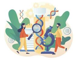 winzig Wissenschaftler untersuchen, Diagnose und testen DNA mit Mikroskop im Labor. genetisch DNA Wissenschaft. Labor Ausrüstung. modern eben Karikatur Stil. Vektor Illustration auf Weiß Hintergrund