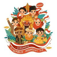 uppsättning av människor fira indonesien oberoende dag hari kemerdekaan indonesien vektor