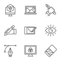 Sammlung von Vektor isoliert Zeichen gezeichnet im Linie Stil. editierbar Schlaganfall. Symbole von Würfel auf Computer, Laptop, Künstler, Radiergummi, Grafik Tablette