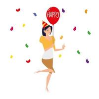 glad kvinna med ballong med partihatt och konfetti vektor