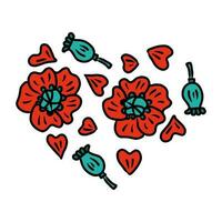 romantisch herzförmig drucken mit Mohn Blumen und Boxen. perfekt zum Tee, Aufkleber, Postkarte, Poster. vektor