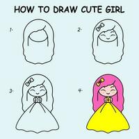 Schritt durch Schritt zu zeichnen ein süß Mädchen. Zeichnung Lernprogramm ein süß Mädchen. Zeichnung Lektion zum Kinder. Vektor Illustration