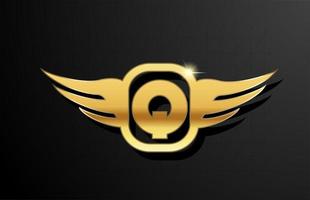 q goldenes Buchstaben-Logo-Alphabet für Unternehmen und Unternehmen mit gelber Farbe. Corporate Branding und Schriftzug mit goldenem Metalldesign und Flügel vektor
