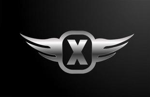x brev alfabetet för företag och företag med vingar och silverfärg. företags bokstäver och brading med metall design ikon vektor