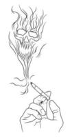 Verbrennung Zigarette mit ein Rauch gebildet Schädel. Vektor Linie Kunst Illustration