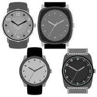 uppsättning av fyra svart och vit klockor på vit bakgrund. klocka ansikte med timme, minut och andra händer. vektor illustration.