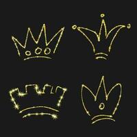 Gold funkeln Hand gezeichnet Krone. einstellen von vier einfach Graffiti Skizzen Königin oder König Kronen. königlich Kaiserliche Krönung und Monarch Symbol vektor