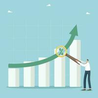 das Wachstum von Interesse auf Einlagen und Gewinne, ein erhöhen, ansteigen im das Investition Portfolio und Ersparnisse, das Wachstum von gdp und Löhne, Mann hält Lupe mit ein Prozentsatz und Punkte zu Pfeil von Graph. vektor