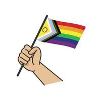 Hand halten lgbt Regenbogen Flagge. Karikatur Arm Gekritzel halten Stolz Symbol. Geschlecht Vielfalt Darstellung. vektor