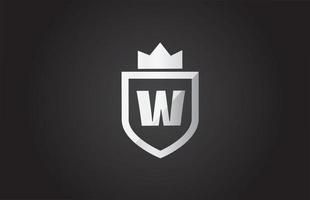 w alfabetet brev logo ikon i grå och svart färg. sköld design för företagsidentitet med kung krona vektor