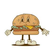 retro Karikatur komisch Burger Charakter. Jahrgang Straße Essen Hamburger Maskottchen Vektor Illustration. Nostalgie 60er, 70er, 80er Jahre