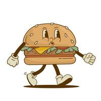retro Karikatur komisch Burger Charakter. Jahrgang Straße Essen Hamburger, Sandwich Maskottchen Vektor Illustration. Nostalgie 60er, 70er, 80er Jahre